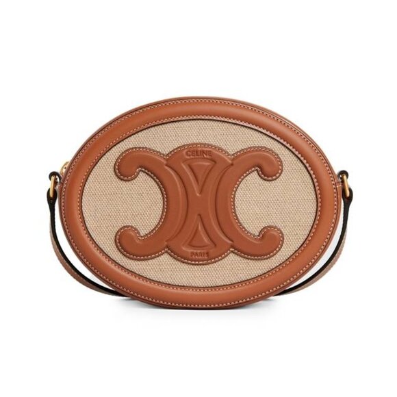 Celine Crossbody Oval Purse Cuir Triomphe in Textile and Calfskin Natural / Tan - Picture 3 of 13
